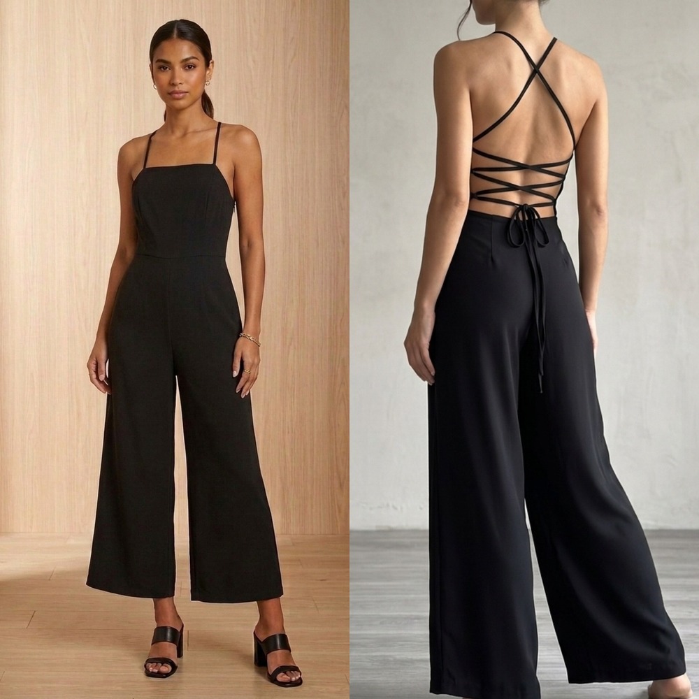 Forever 21 Contemporary Jumpsuit M Black Lace Up Open Back Wide Leg Cropped Goth